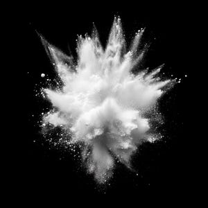 May include: A white powder explosion against a black background. The powder is dispersed in a cloud-like shape, creating a dramatic and abstract image.