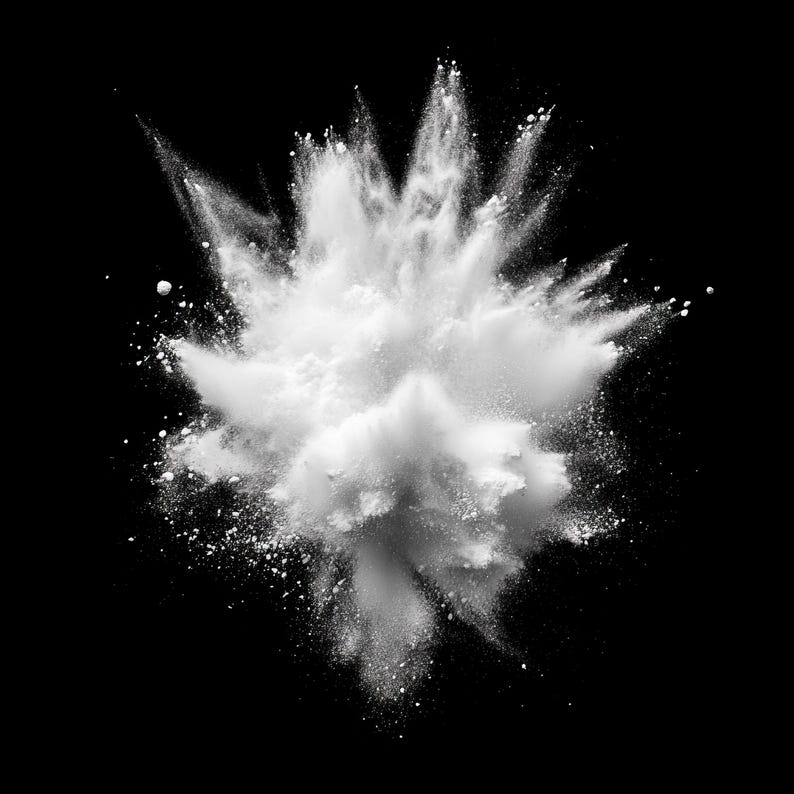 May include: A white powder explosion against a black background. The powder is dispersed in a cloud-like shape, creating a dramatic and abstract image.