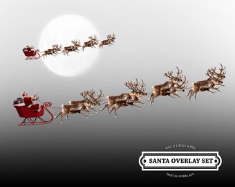 SALE! Santa Flying Reindeer Overlay SET! .PNG (cut out!) Christmas Santa Sleigh Deer Moon Winter Holiday Christmas Eve Sled Waiting Vintage