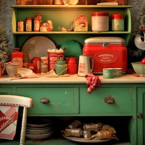Christmas Digital Backdrop Christmas Kitchen, Baking Trolly Background Holiday Digital Christmas Vintage Kitchen Backdrops Classic Colors