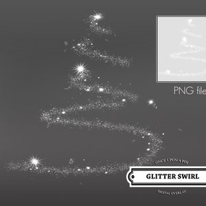 May include: A digital overlay of a white glitter swirl in the shape of a Christmas tree. The overlay is on a gray background. The text "Glitter Swirl" is in a black banner at the bottom of the image.