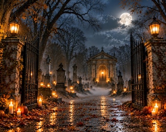 Gated Cemetary AI Halloween Digital Backdrop, Creepy Digital Background, Pumpkin Patch (Commercial License)