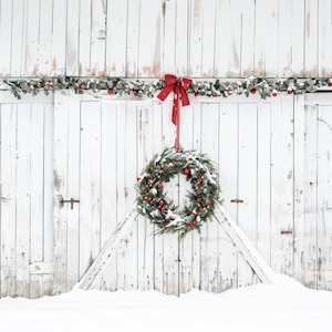 Fondo navideño, fondo digital de pared de granero con corona individual, paquete de 2, textura blanca, tarjeta de fotos familiar, composición de Photoshop, descarga rápida de vacaciones