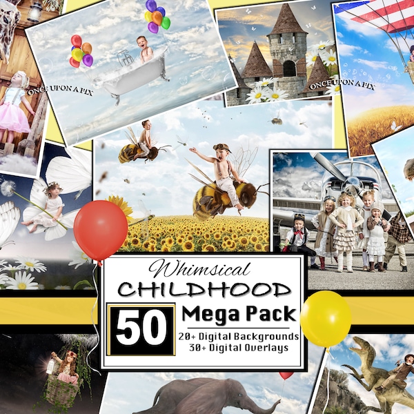 50 SET Childhood Digital Backdrops, Digital Background + Overlay Set, Giant Bees, Bathtubs, Airplanes and more! Photoshop Composites, Pets