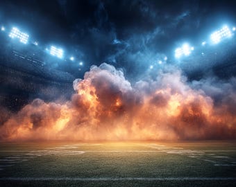 Sports Digital Backdrop, Arena Stadium Fire Smokey Fog Background Template for Football, Soccer, Baseball, Softball, Track, Foggy, Cheer