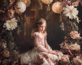 Dreamy Studio Digital Background Unique Cake Smash Old Masters Floral Birthday Template Backdrop Valentine Muslim Portrait Pink and Cream