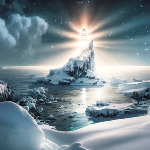 Digital Backdrop, Winter Lighthouse Digital Background, Painterly Composite Background for Photoshop, Icy Water Backdrop, Mountain Sparkle