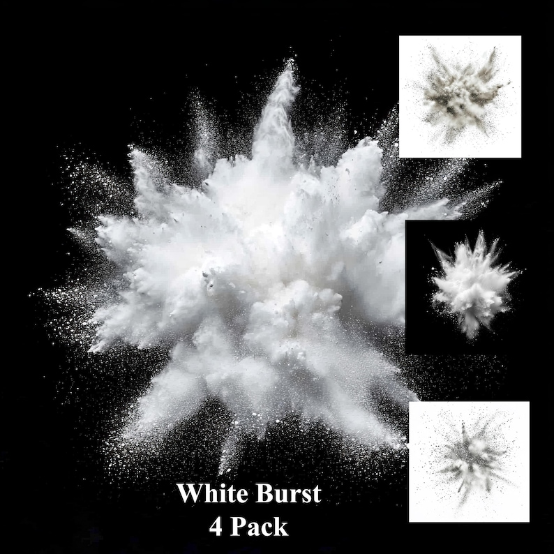 May include: Four white powder bursts on a black background. The bursts are in different sizes and shapes. The text "White Burst 4 Pack" is at the bottom of the image.
