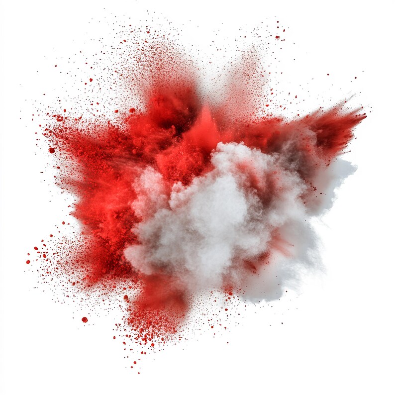 May include: A red and white powder explosion against a white background. The powder is in the shape of a cloud, with the red powder on the outside and the white powder on the inside.