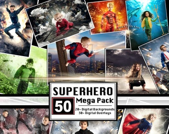 50+ Superhero Digital Backgrounds, Digital Backdrops, Superhero Overlays, Super Hero City Bat Rat Spider, Composites Cosplay Man Woman Kids