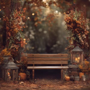 Puede incluir: Un banco de madera en un entorno forestal, rodeado de follaje otoñal y faroles. La escena está decorada con calabazas y otros elementos otoñales, creando un ambiente acogedor. La iluminación suave añade calidez a la escena rústica.