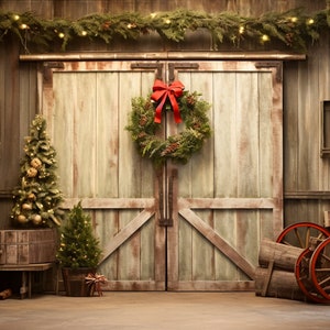 Sfondo natalizio Wood Barn Holiday Doors Sfondo digitale, Family Photo Card Composite Photoshop Sfondo digitale Scarica Scene Vintage