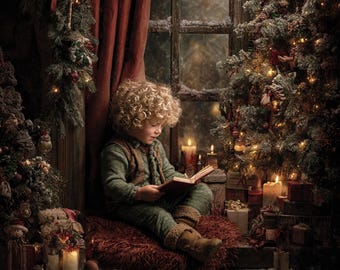 Christmas Reading by Candlight Digital Backdrop Old Master Background Window Christmas Template Photoshop Photo Vintage Backdrop Intuitive