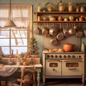 Christmas Digital Backdrop Christmas Kitchen, Painterly Christmas Background Holiday Digital Christmas Vintage Kitchen Backdrops Classic