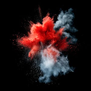 May include: A red and white powder explosion against a black background. The red powder is in the center of the image and the white powder is surrounding it.