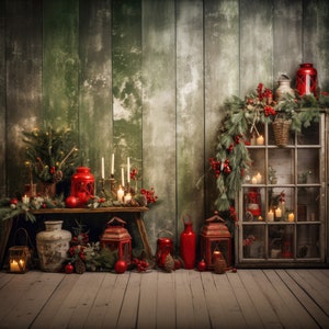 Telón de fondo de Navidad pared rústica telón de fondo digital, tarjeta de foto familiar compuesto Photoshop telón de fondo digital, descargar pared de cabina de fondo