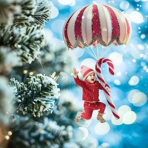 Sfondo digitale con paracadute di caramelle natalizie, sfondo composito! Ottimo per biglietti di auguri, famiglia, animali domestici, inverno, vacanze, Babbo Natale, creativo, bambino
