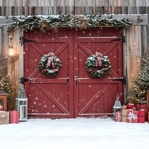Kerst Digitale achtergrond Rode vakantiedeur Winters tafereel Digitale achtergrond Familiefotokaart Composiet Photoshop Intuïtieve download Vintage