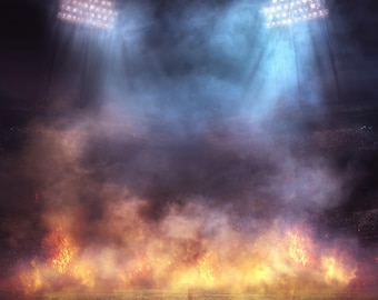 Purple Blue Gold Sports Stadium Lights Digital Backdrop, Smokey Fog Background Template Football Soccer Baseball Softball Track (Download)