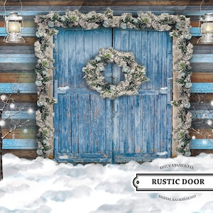 Rustic Family Christmas Digital Backdrop Winter Digital Background, Blue Old Wall Vintage Door, Children, Pets, Composite Cards, Photoshop.