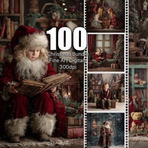 Puede incluir: Un paquete de arte digital con temática navideña que presenta a un niño vestido de Papá Noel leyendo un libro. La imagen incluye otras escenas festivas con niños, árboles de Navidad y regalos. El texto "100 Christmas Bundle Fine Art Digitals 300dpi" es visible.