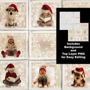 9 boîtes de toile de fond numérique blanches scintillantes, modèle de fond de Noël intuitif, cartes de famille, JPEG, png, photo dans les boîtes, enfants, chiens, animal de compagnie