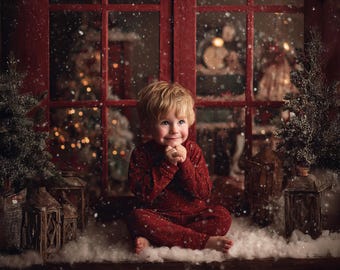 Christmas Old Masters Digital Backdrop, Red Window Pane Family Photo Card Composite Photoshop Digital Backdrop Download Vintage