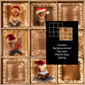 May include: A festive Christmas-themed digital background featuring children and a kitten wearing Santa hats, reading books, and surrounded by fairy lights. The image includes the text: "Includes Background and Top Layer PNG for Easy Editing."