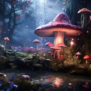 Fond numérique Fée Nuit Toile de fond numérique Conte de fées Photographie Toile de fond Forêt magique avec champignons Glowing Light Dress Toile de fond