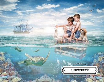 Pirate Ship Digital Background | BONUS 2 FREE Rustic Lantern Overlays | Digital Backdrop Whimsical Children&#39;s Boys Photo Background Ocean