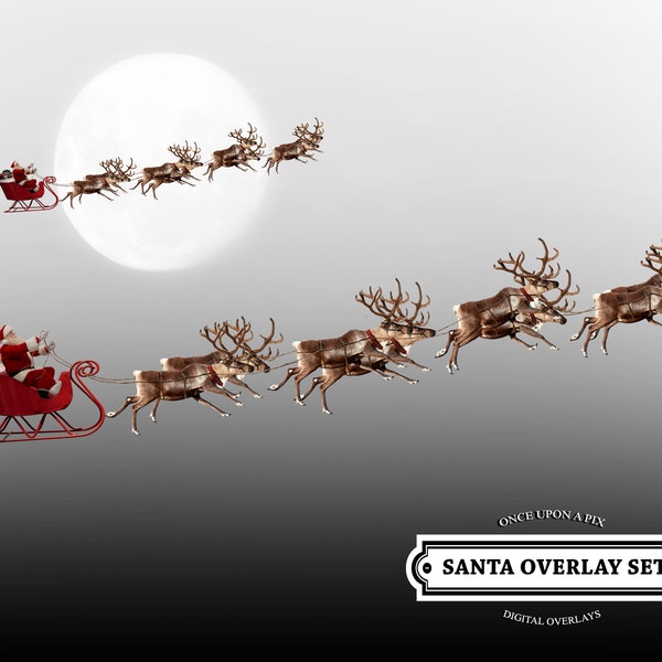 Santa Flying Reindeer Overlay 2 Pack .PNG (découpé!) Noël Santa Sleigh Deer Moon Vacances d’hiver Réveillon de Noël Sled vintage Housetop