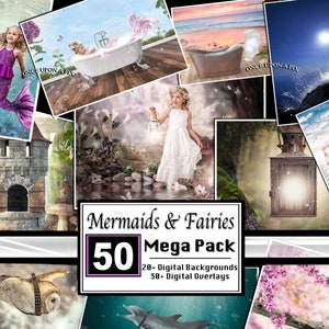 50+ Fairy Digital Backdrops / Mermaid Backgrounds, WITH Overlays Sparkle Light Glows, Flower Crowns, Composite Photography App Backdrop