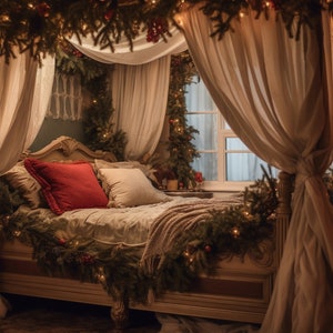 Telón de fondo digital de Navidad Regency Canopy Bed Telón de fondo digital Fondo de foto de Navidad Holiday Vintage Bed Compuesto Hermano Photoshop