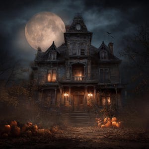 May include: A spooky, dark image of a haunted house at night. The house is old and weathered, with a large full moon in the background. Pumpkins are scattered in front of the house, and the overall scene evokes a Halloween theme.
