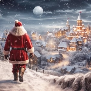 Sfondo digitale pittorico 'Walking with Santa', sfondo digitale natalizio, sfondo digitale composito artistico Villaggio di Babbo Natale Photoshop