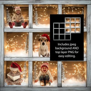 May include: A digital Christmas-themed background featuring a window with children, a dog, and festive decorations. The window is divided into sections, each showcasing a different scene with fairy lights and snow. Text on the image reads: Includes jpeg background AND top layer PNG for easy editing.