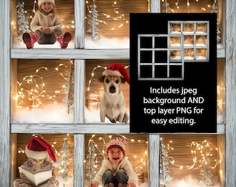 9 Box Digital Backdrop White Barnwood Twinkling Lights Christmas Background Template Family Cards Jpeg Png Photo IN The Boxes Kids Dogs Pet