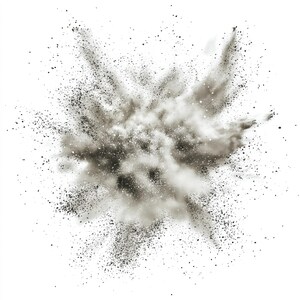 May include: A cloud of gray dust explodes outwards in a burst of motion, creating a dramatic and abstract image.
