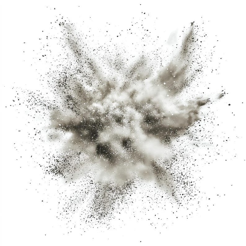 May include: A cloud of gray dust explodes outwards in a burst of motion, creating a dramatic and abstract image.