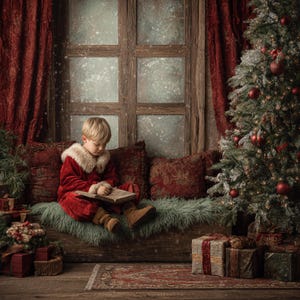 Puede incluir: Un niño con un traje de terciopelo rojo con cuello de piel sintética lee un libro. La escena está ambientada cerca de un árbol de Navidad adornado con adornos rojos y luces. Los regalos envueltos se colocan cerca del árbol y una ventana nevada.
