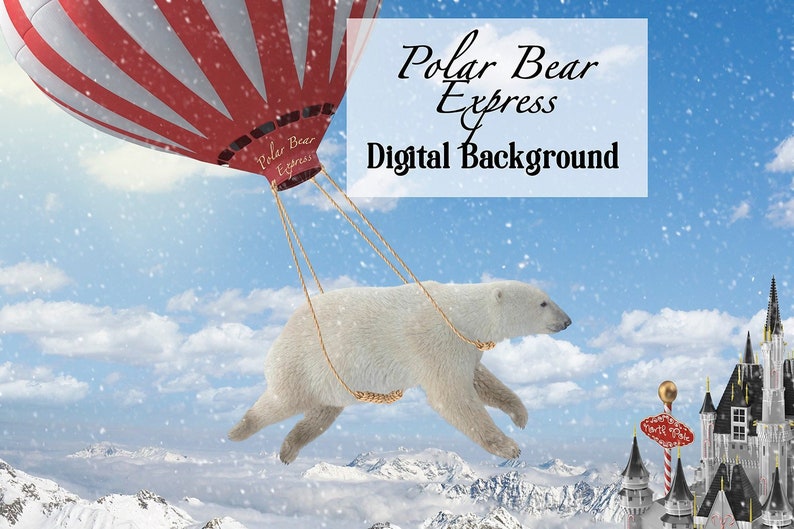 Polar BEAR Express Digital Backdrop Nick Whimsical Christmas or Holiday Composites For Photographers Polar Bear North Pole Snow Santa