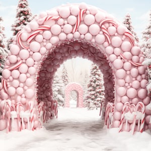 Christmas Digital Backdrop Pink Bubblegum Arch Christmas Digital Background Santa&#39;s Village Holiday Composite Backdrop Candy Alley Template