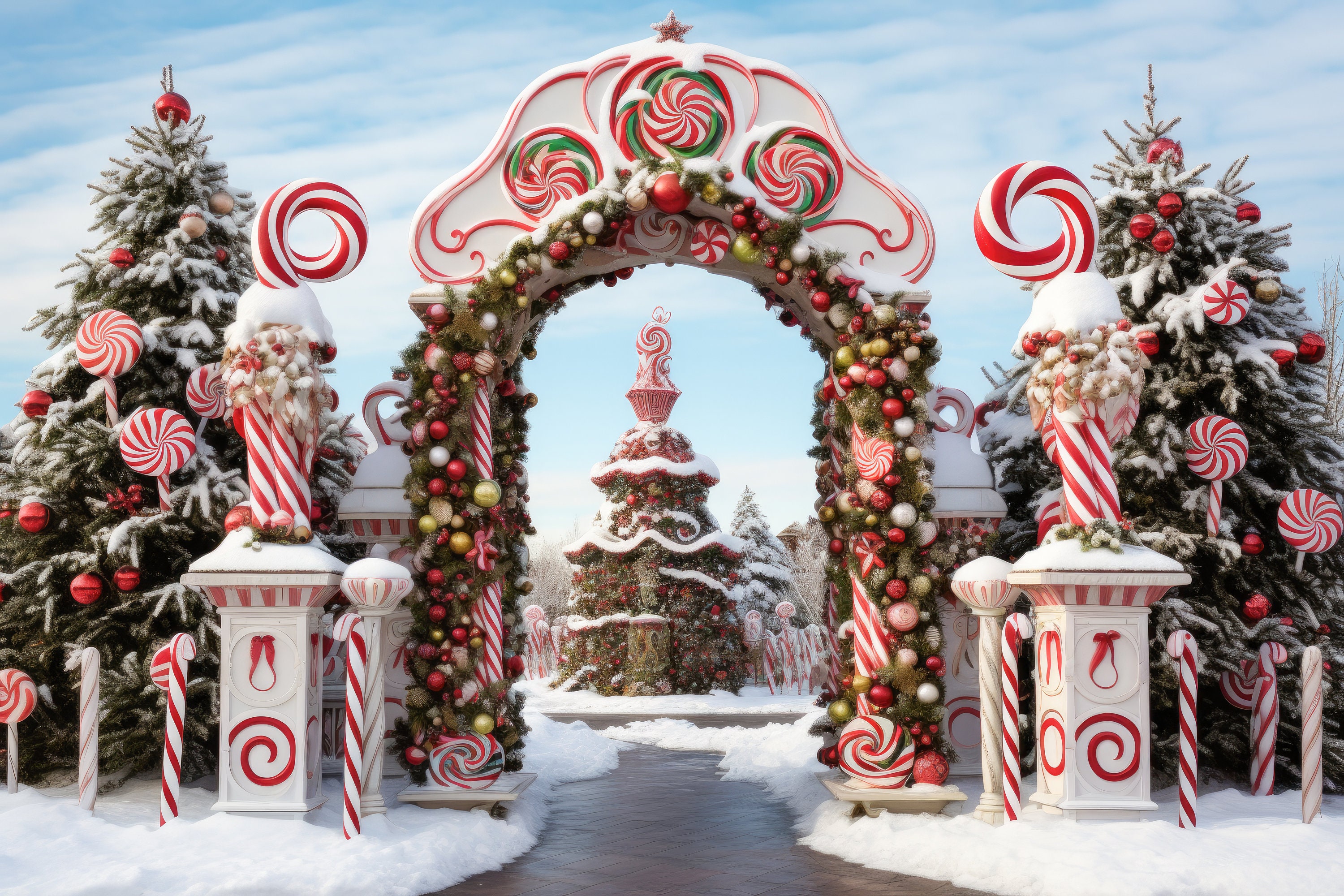 Toile De Fond Noël - Paysage Enneigé Pôle Nord Avec Forêt Et Cannes Bonbons - Déco Photo Fête Famille 2,4x1,8 M