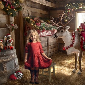 Toile de fond numérique de Noël, bestioles de la grange, fond inhérent à la ferme, modèle de renne du père Noël, carte photo de famille Photoshop à l'extérieur