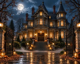 Haunted House Halloween Digital Backdrop, Creepy Digital Background, Pumpkin Patch (Commercial License)