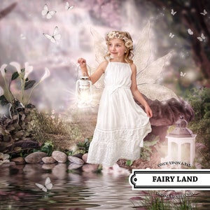 May include: A young girl dressed as a fairy with white wings and a white dress holds a lantern in a magical forest setting. The background features a pond, flowers, and butterflies. The text "Once Upon A Time Fairy Land Digital Background" is visible at the bottom of the image.