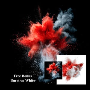 May include: A red and white powder explosion against a black background. The image is split into two sections, with the top section showing the explosion in its entirety and the bottom section showing a close-up of the explosion on a white background.
