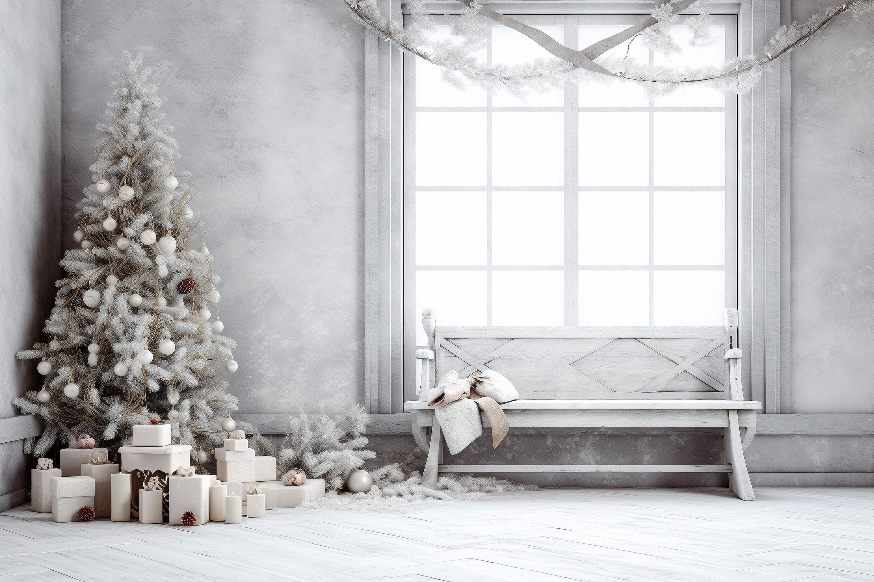 Digital Backdrop Christmas, White Studio Barn Wood Bench Digital Christmas  Background Replacement Family Photo Composite Photoshop Backdrops, image size:3000x2000