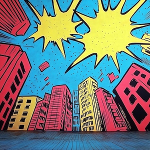 Cenário digital de desenho animado de super-heróis, fundo de cidade, fotografia de paisagem urbana, festa de aniversário de super-heróis, modelo intuitivo do Photoshop, banner
