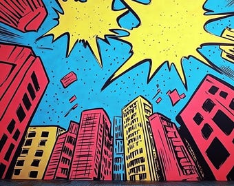 Toile de fond numérique dessin animé super-héros fond de ville, photographie de paysage urbain super héros fête d'anniversaire Photoshop modèle intuitif, bannière
